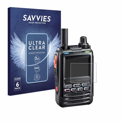Face avant d’un emballage produit avec le logo de la marque Savvies. À côté, l’appareil Yaesu FT-5DE/DR est représenté avec la