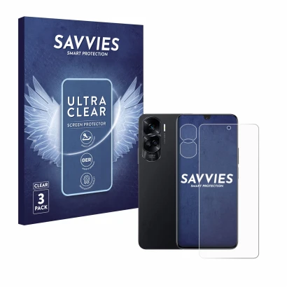 Face avant d’un emballage produit avec le logo de la marque Savvies. À côté, l’appareil Honor 90 Lite (Avant+Caméra) est repré