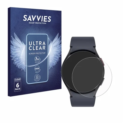Face avant d’un emballage produit avec le logo de la marque Savvies. À côté, l’appareil Samsung Galaxy Watch 6 (40 mm) est rep