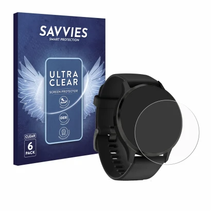 Face avant d’un emballage produit avec le logo de la marque Savvies. À côté, l’appareil Garmin Venu 3S est représenté avec la 