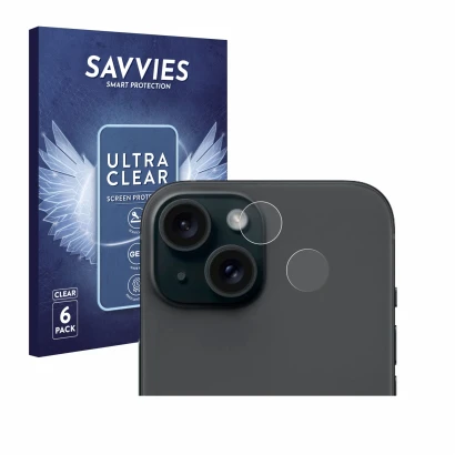 Face avant d’un emballage produit avec le logo de la marque Savvies. À côté, l’appareil Apple iPhone 15 (Caméra UNIQUEMENT) es