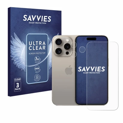 Face avant d’un emballage produit avec le logo de la marque Savvies. À côté, l’appareil Apple iPhone 15 Pro (Avant+Caméra) est