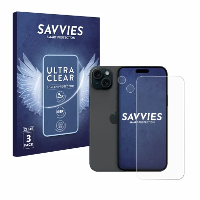 Face avant d’un emballage produit avec le logo de la marque Savvies. À côté, l’appareil Apple iPhone 15 Plus (Avant+Caméra) es