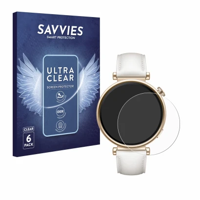 Face avant d’un emballage produit avec le logo de la marque Savvies. À côté, l’appareil Huawei Watch GT 4 (41mm) est représent