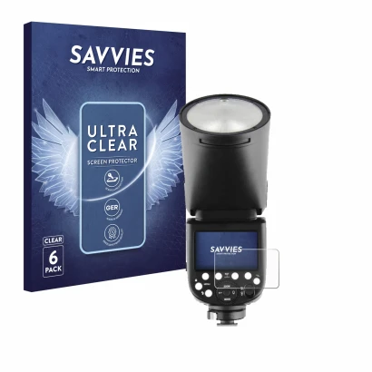 Face avant d’un emballage produit avec le logo de la marque Savvies. À côté, l’appareil Godox V1 est représenté avec la protec