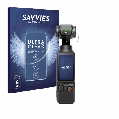 Face avant d’un emballage produit avec le logo de la marque Savvies. À côté, l’appareil DJI Osmo Pocket 3 (Lentille) est repré