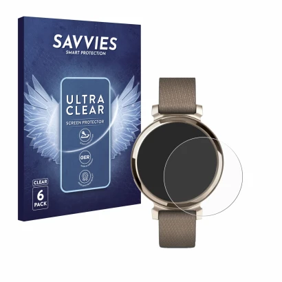 Face avant d’un emballage produit avec le logo de la marque Savvies. À côté, l’appareil Garmin Lily 2 est représenté avec la p