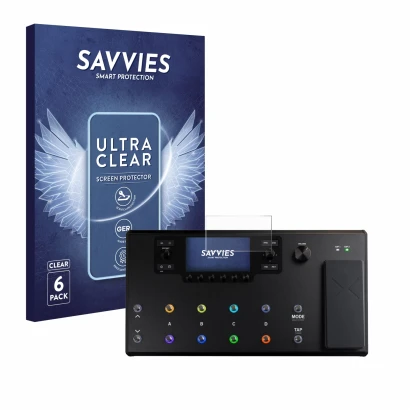 Face avant d’un emballage produit avec le logo de la marque Savvies. À côté, l’appareil Line 6 Helix LT est représenté avec la