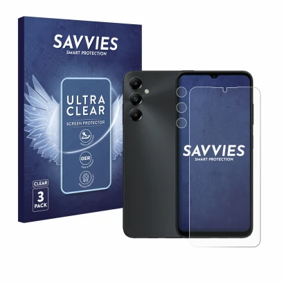Face avant d’un emballage produit avec le logo de la marque Savvies. À côté, l’appareil Samsung Galaxy A05s (Avant+Caméra) est