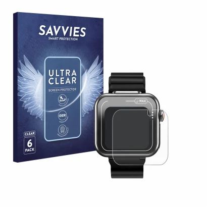 Face avant d’un emballage produit avec le logo de la marque Savvies. À côté, l’appareil Vtech Kidizoom Smartwatch MAX est repr