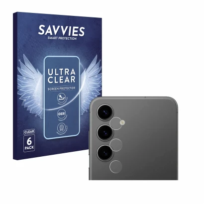 Face avant d’un emballage produit avec le logo de la marque Savvies. À côté, l’appareil Samsung Galaxy S24 Plus (Caméra UNIQUE
