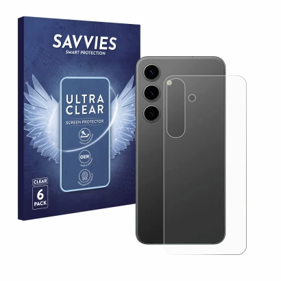 Face avant d’un emballage produit avec le logo de la marque Savvies. À côté, l’appareil Samsung Galaxy S24 Plus (Arrière) est 
