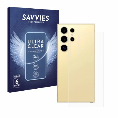 Face avant d’un emballage produit avec le logo de la marque Savvies. À côté, l’appareil Samsung Galaxy S24 Ultra (Arrière) est