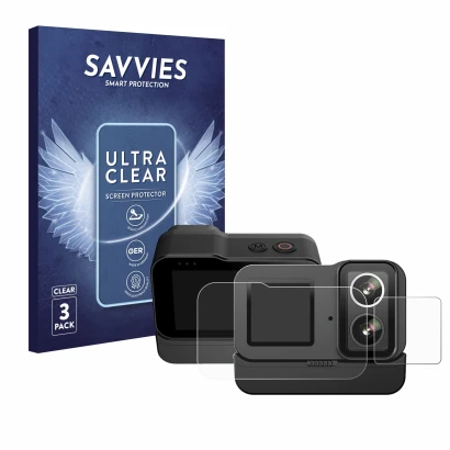Face avant d’un emballage produit avec le logo de la marque Savvies. À côté, l’appareil SJCAM SJ20 Dual Lens est représenté av