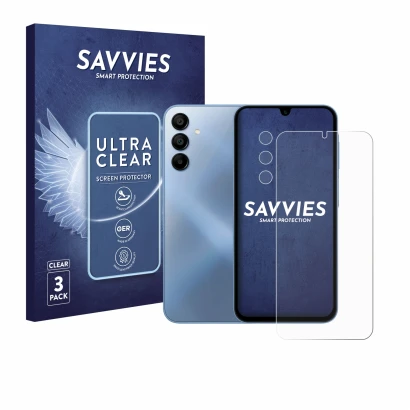 Face avant d’un emballage produit avec le logo de la marque Savvies. À côté, l’appareil Samsung Galaxy A15 5G (Avant+Caméra) e