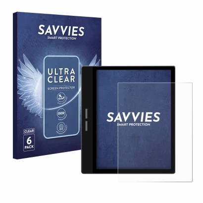 Face avant d’un emballage produit avec le logo de la marque Savvies. À côté, l’appareil Bigme B751C est représenté avec la pro