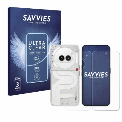 Face avant d’un emballage produit avec le logo de la marque Savvies. À côté, l’appareil Nothing Phone (2a) (Avant+Arrière) est