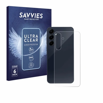 Face avant d’un emballage produit avec le logo de la marque Savvies. À côté, l’appareil Samsung Galaxy A55 5G (Arrière) est re