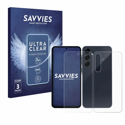 Face avant d’un emballage produit avec le logo de la marque Savvies. À côté, l’appareil Samsung Galaxy A35 5G (Avant+Arrière) 