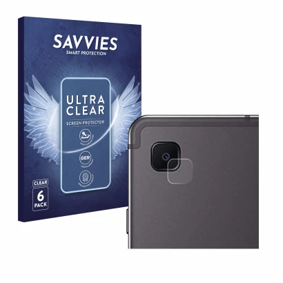 Face avant d’un emballage produit avec le logo de la marque Savvies. À côté, l’appareil Samsung Galaxy Tab S6 Lite WiFi 2024 (
