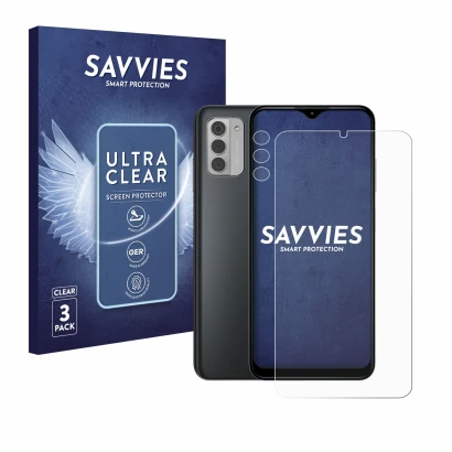 Face avant d’un emballage produit avec le logo de la marque Savvies. À côté, l’appareil Nokia G42 5G (Avant+Caméra) est représ