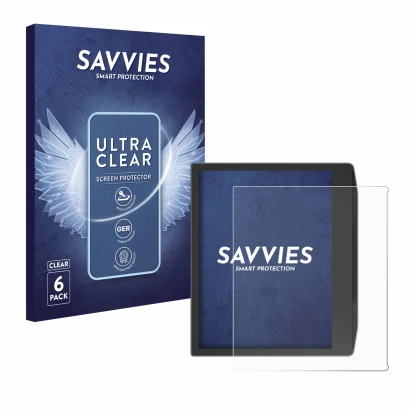 Face avant d’un emballage produit avec le logo de la marque Savvies. À côté, l’appareil PocketBook Era Color est représenté av