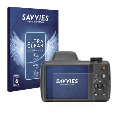 Face avant d’un emballage produit avec le logo de la marque Savvies. À côté, l’appareil Kodak Pixpro AZ528 est représenté avec