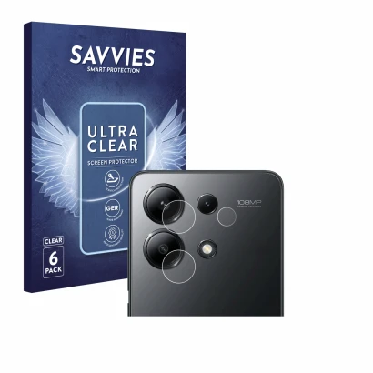 Face avant d’un emballage produit avec le logo de la marque Savvies. À côté, l’appareil Xiaomi Redmi Note 13 4G (Caméra UNIQUE