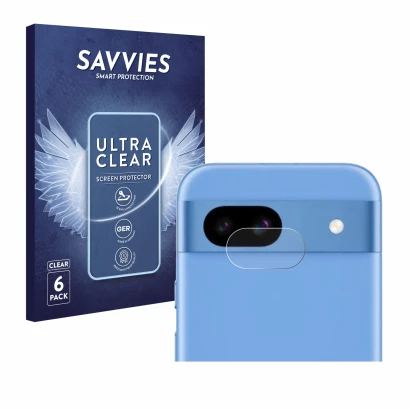 Face avant d’un emballage produit avec le logo de la marque Savvies. À côté, l’appareil Google Pixel 8a (Caméra UNIQUEMENT) es