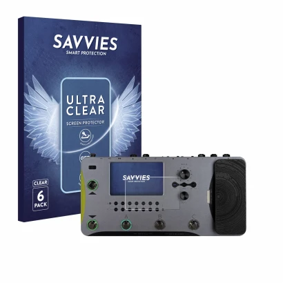 Face avant d’un emballage produit avec le logo de la marque Savvies. À côté, l’appareil Mooer GE1000 est représenté avec la pr
