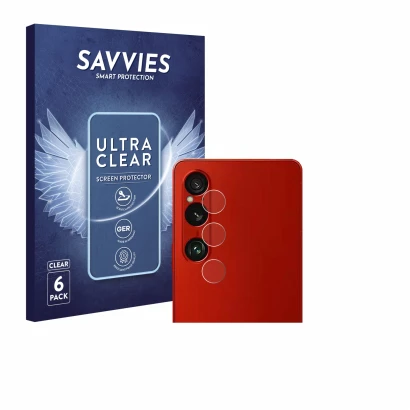 Face avant d’un emballage produit avec le logo de la marque Savvies. À côté, l’appareil Sony Xperia 1 VI (Caméra UNIQUEMENT) e