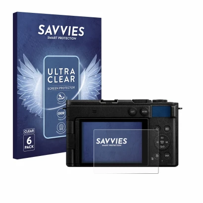 Face avant d’un emballage produit avec le logo de la marque Savvies. À côté, l’appareil Panasonic Lumix DC-S9 est représenté a