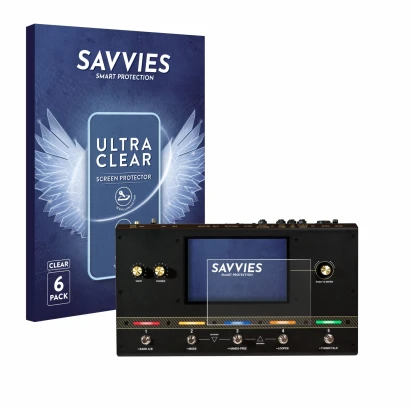 Face avant d’un emballage produit avec le logo de la marque Savvies. À côté, l’appareil Headrush Core est représenté avec la p