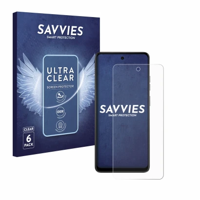 Face avant d’un emballage produit avec le logo de la marque Savvies. À côté, l’appareil Motorola Moto E14 est représenté avec 