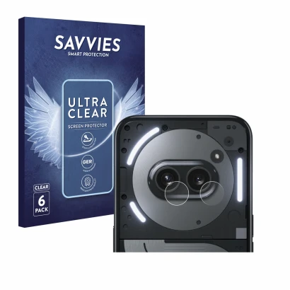 Face avant d’un emballage produit avec le logo de la marque Savvies. À côté, l’appareil Nothing Phone (2a) Plus (Caméra UNIQUE
