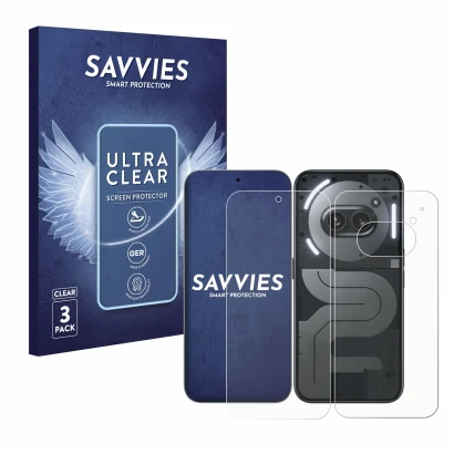 Face avant d’un emballage produit avec le logo de la marque Savvies. À côté, l’appareil Nothing Phone (2a) Plus (Avant+Arrière