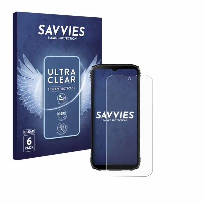 Face avant d’un emballage produit avec le logo de la marque Savvies. À côté, l’appareil Doogee Blade 10 Ultra est représenté a