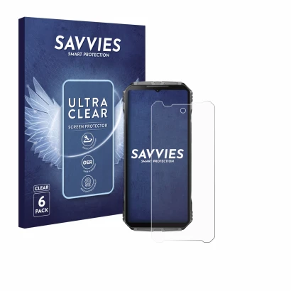 Face avant d’un emballage produit avec le logo de la marque Savvies. À côté, l’appareil Doogee V40 Pro est représenté avec la 