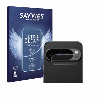 Face avant d’un emballage produit avec le logo de la marque Savvies. À côté, l’appareil Google Pixel 9 Pro (Caméra UNIQUEMENT)