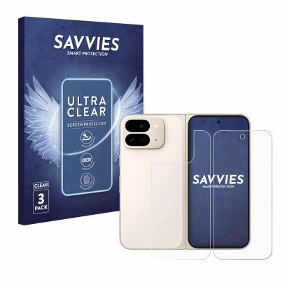 Face avant d’un emballage produit avec le logo de la marque Savvies. À côté, l’appareil Google Pixel 9 Pro Fold (Avant+Arrière