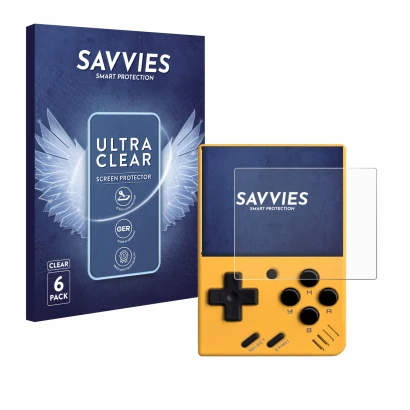 Face avant d’un emballage produit avec le logo de la marque Savvies. À côté, l’appareil Miyoo Mini V4 est représenté avec la p