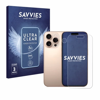 Face avant d’un emballage produit avec le logo de la marque Savvies. À côté, l’appareil Apple iPhone 16 Pro (Avant+Caméra) est