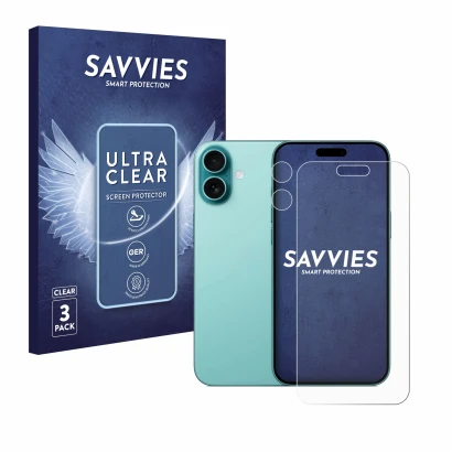 Face avant d’un emballage produit avec le logo de la marque Savvies. À côté, l’appareil Apple iPhone 16 Plus (Avant+Caméra) es