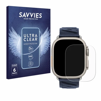 Face avant d’un emballage produit avec le logo de la marque Savvies. À côté, l’appareil Apple Watch Hermès Ultra 2 est représe
