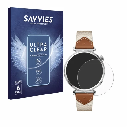 Face avant d’un emballage produit avec le logo de la marque Savvies. À côté, l’appareil Huawei Watch GT 5 (41 mm) est représen