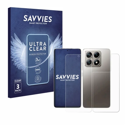 Face avant d’un emballage produit avec le logo de la marque Savvies. À côté, l’appareil Xiaomi 14T (Avant+Arrière) est représe