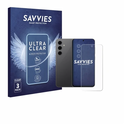 Face avant d’un emballage produit avec le logo de la marque Savvies. À côté, l’appareil Samsung Galaxy S24 FE (Avant+Caméra) e