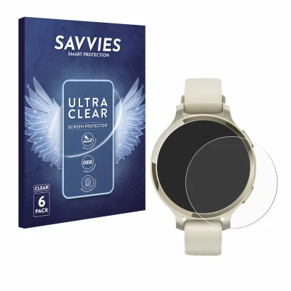 Face avant d’un emballage produit avec le logo de la marque Savvies. À côté, l’appareil Garmin Lily 2 Active est représenté av