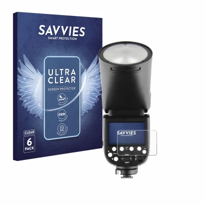Face avant d’un emballage produit avec le logo de la marque Savvies. À côté, l’appareil Godox TT685 II est représenté avec la 