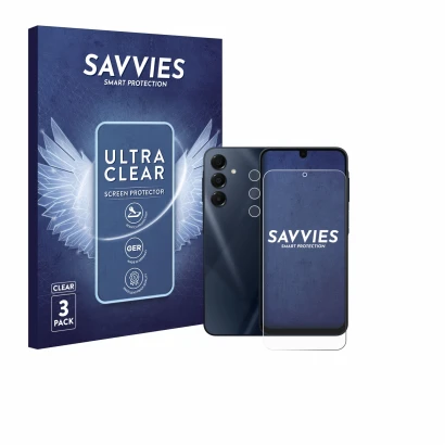 Face avant d’un emballage produit avec le logo de la marque Savvies. À côté, l’appareil Samsung Galaxy A16 5G (Avant+Caméra) e